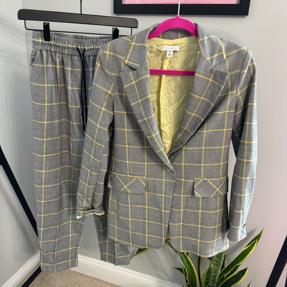 Topshop Windowpane Check Suit Jacket and Tapered Crop Pants Size 4